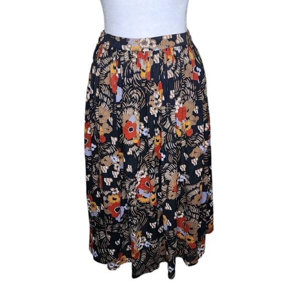 Vintage 70s Midi Full Skirt Womens Size Small Brown Floral Nylon Polyester - Picture 1 of 4